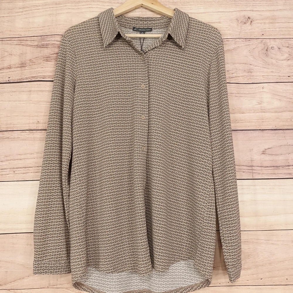 New! Adrianna Papell Blouse Womens M Beige Geometric Collared Long Sleeve Top